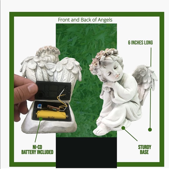NEW Happy Compost Garden Angel Cherub Statue Figurines Solar Light Halo Set of 2 - Picture 5 of 9